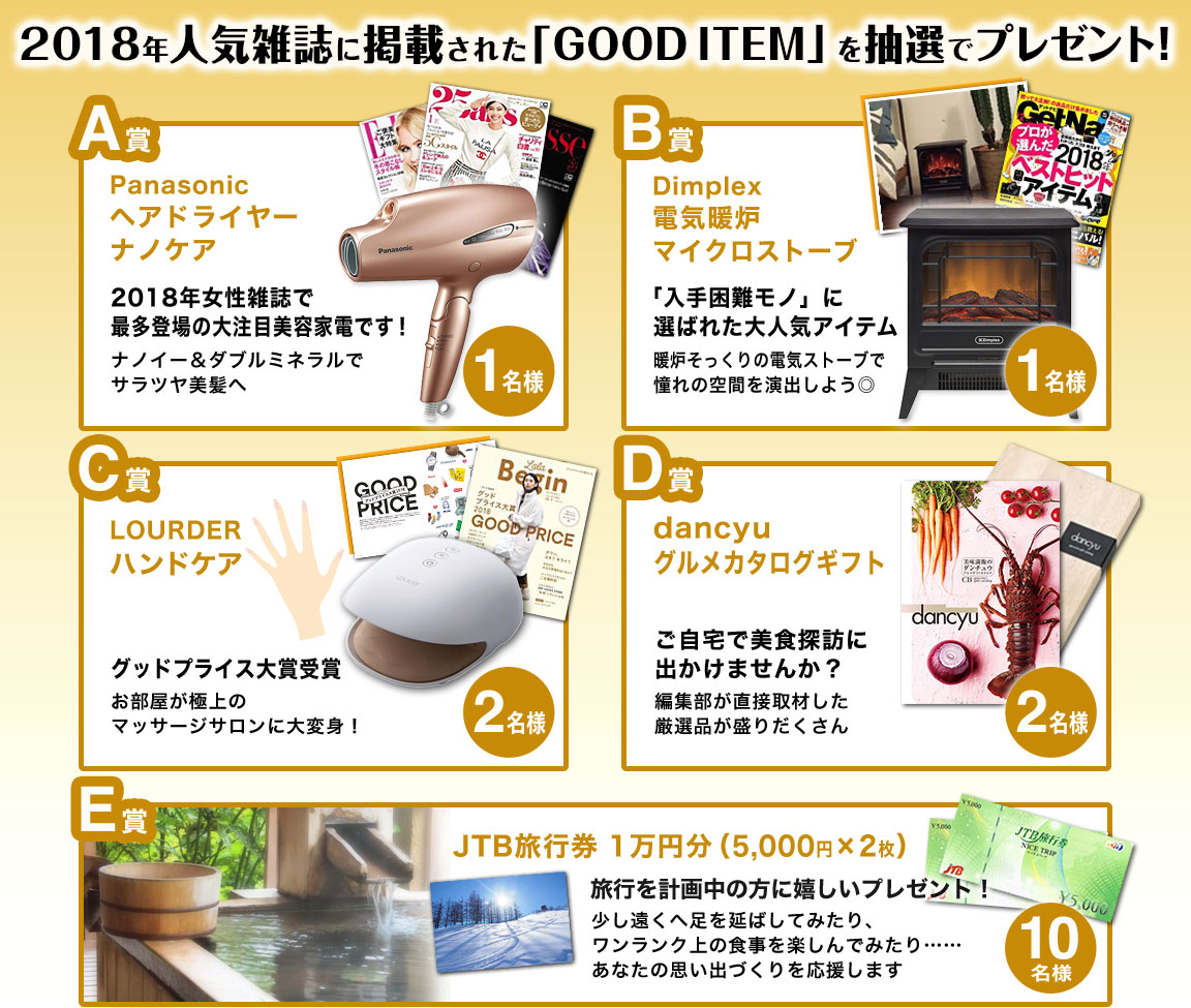 2018年 人気雑誌に掲載された「GOOD ITEM」を抽選でプレゼント)