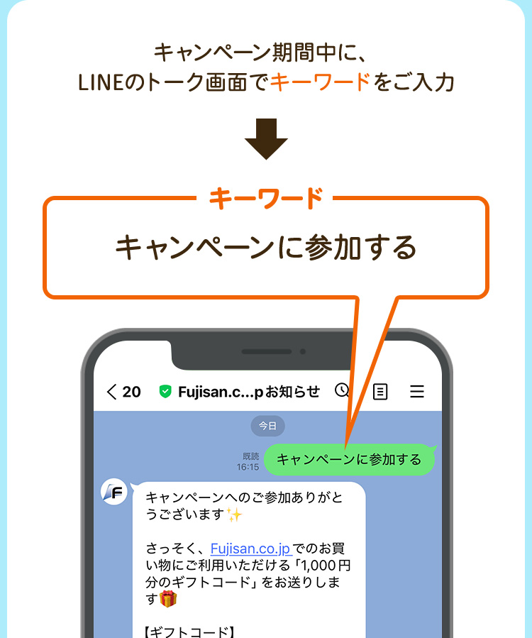 キャンペーン期間中に、LINEのトーク画面でキーワードをご入力。【キーワード】 キャンペーンに参加する
