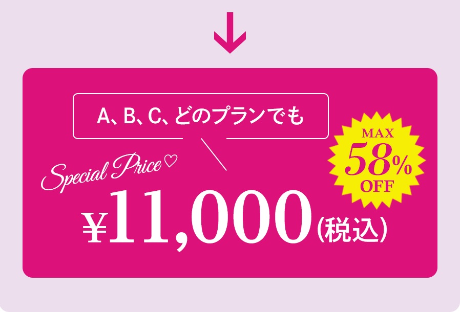 A、B、C　どのプランを選んでもSPECIAL PRICE　11,000円（税込）MAX58%OFF!