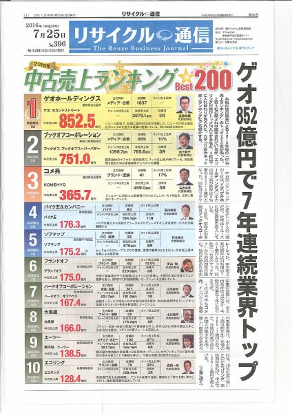 リユース経済新聞 2016年07月25日発売号 表紙