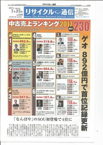 リユース経済新聞 2017年07月25日発売号 表紙