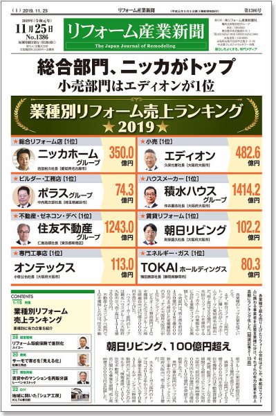 リフォーム産業新聞 19/11/25発売号 (発売日2019年11月25日) 表紙