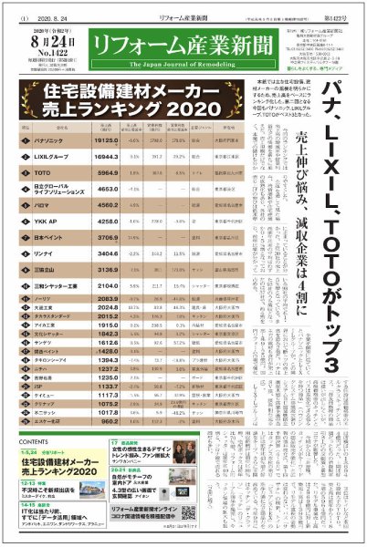 リフォーム産業新聞 20/08/24発売号 (発売日2020年08月24日) 表紙