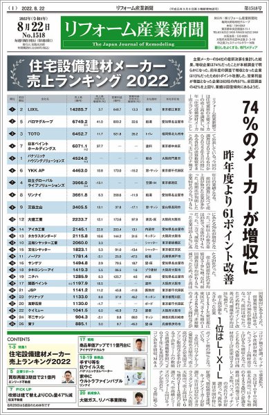 リフォーム産業新聞 22/08/22発売号 (発売日2022年08月22日) 表紙
