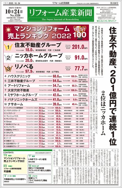 リフォーム産業新聞 22/10/24発売号 (発売日2022年10月24日) 表紙