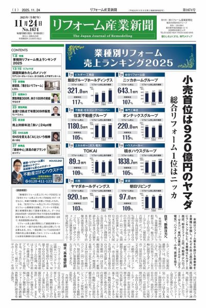 リフォーム産業新聞 25/11/24発行号 (発売日2025年11月24日) 表紙